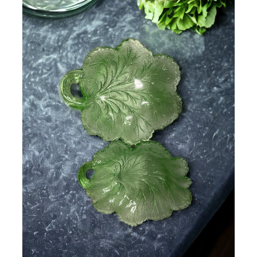 Lot of 2 Vintage Glass Cabbage Leaf Candy, Dessert, Salad Dishes 8.5"X7"&‎ 6"X7"